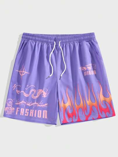 Street Life Guys Fire & Letter Graphic Drawstring Waist Shorts