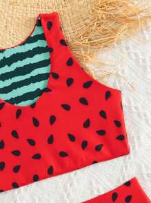 年轻女孩西瓜印花比基尼套装夏日海滩 - 紅色 - 查看 4