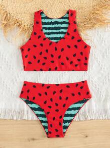 年轻女孩西瓜印花比基尼套装夏日海滩 - 紅色 - 查看 6