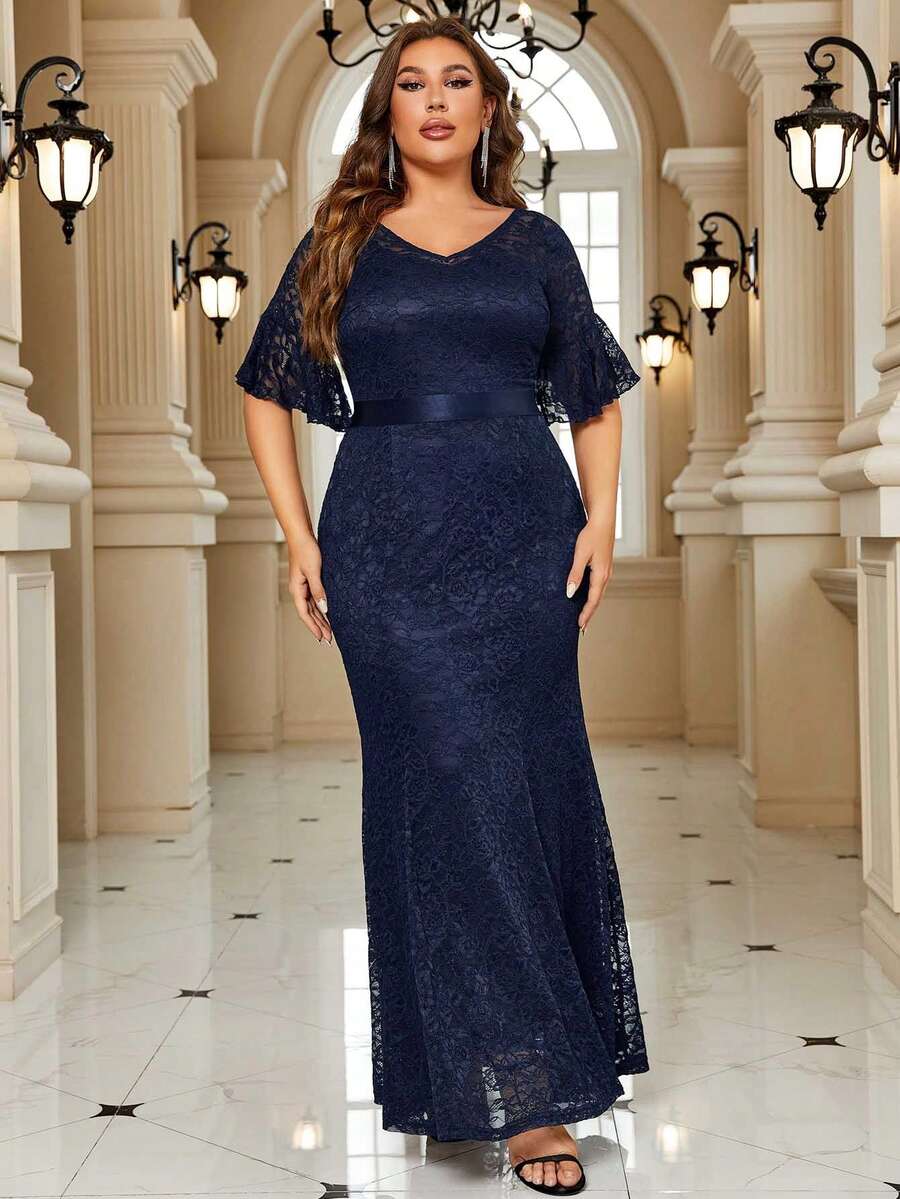 大碼荷葉袖花卉蕾絲魚尾裙下擺正式連衣裙 - 藏蓝色 - 查看 1