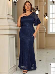 大碼荷葉袖花卉蕾絲魚尾裙下擺正式連衣裙 - 藏蓝色 - 查看 5