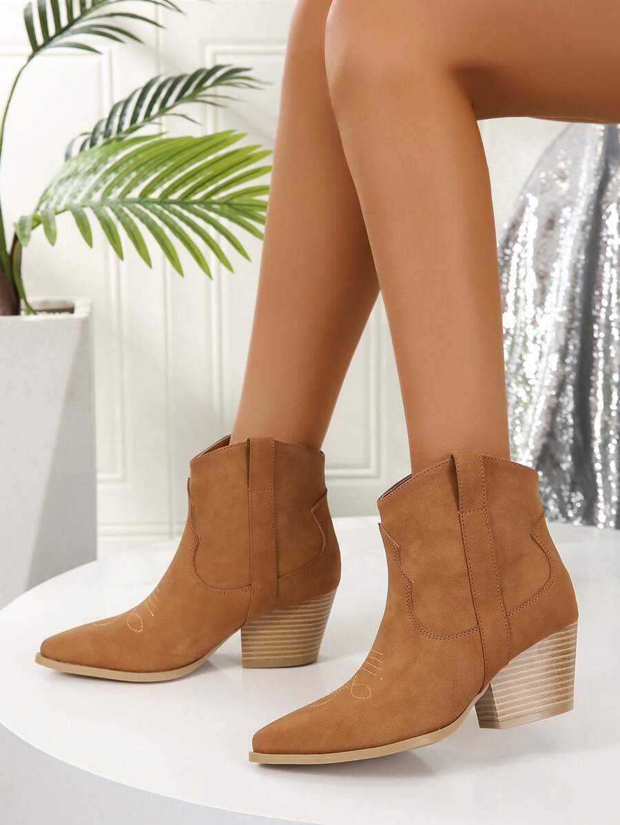 Women Stitching Detail Chunky Heeled Fashion Boots, Fashionable Outdoor Western Boots - Camel - View 1