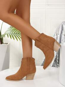 Women Stitching Detail Chunky Heeled Fashion Boots, Fashionable Outdoor Western Boots - Camel - View 3