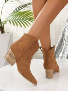 Women Stitching Detail Chunky Heeled Fashion Boots, Fashionable Outdoor Western Boots - Camel - View 5