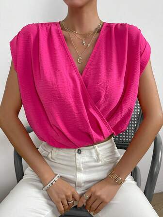 SHEIN Privé 素色蝙蝠袖圍裹細節襯衫