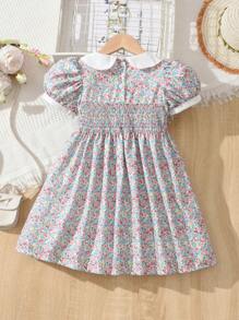 SHEIN 小女童碎花彼得潘領泡泡袖連衣裙 - 彩色 - 查看 2
