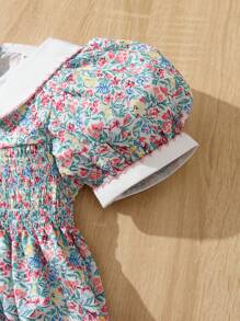 SHEIN 小女童碎花彼得潘領泡泡袖連衣裙 - 彩色 - 查看 3