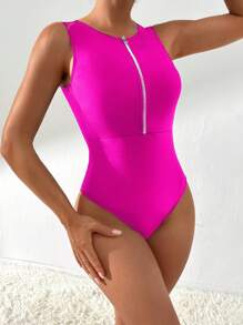SHEIN 前拉鏈連體泳衣 - 玫紅色 - 查看 5