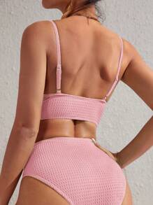 素色前扭結高腰比基尼泳裝 - 藕粉色 - 查看 2