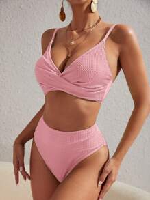 素色前扭結高腰比基尼泳裝 - 藕粉色 - 查看 5