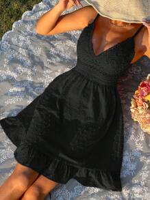 SHEIN Holidaya Đầm Lộ Lưng Buộc lại Viên lá sen Tranh thêu màu trơn Boho - màu đen - Xem 1