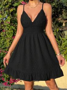 SHEIN Holidaya Đầm Lộ Lưng Buộc lại Viên lá sen Tranh thêu màu trơn Boho - màu đen - Xem 4