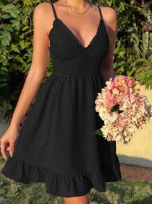 SHEIN Holidaya Đầm Lộ Lưng Buộc lại Viên lá sen Tranh thêu màu trơn Boho - màu đen - Xem 5