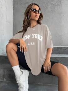 SHEIN Unity Áo thun nữ Lá thư Giải trí - Màu Xám nhạt - Xem 4