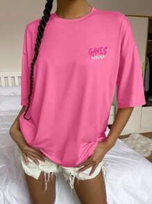 SHEIN Unity Butterfly & Slogan Graphic Drop Shoulder Tee ZERO BUG GAMES HAVE FUN RELAX ENJOY YOUR GAMING MOMENTS Graphic Tees Women Tops - Pink - View 3