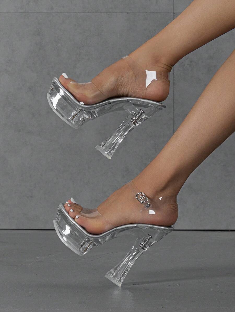 Women's Sparkly Pointed Toe Transparent Waterproof Platform Crystal Stiletto Sexy High Heeled Sandals For Show, Work, Wedding Or Banquet, In Silver