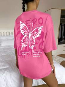 SHEIN Unity Butterfly & Slogan Graphic Drop Shoulder Tee ZERO BUG GAMES HAVE FUN RELAX ENJOY YOUR GAMING MOMENTS Graphic Tees Women Tops - Pink - View 4