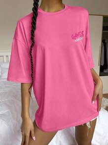 SHEIN Unity Butterfly & Slogan Graphic Drop Shoulder Tee ZERO BUG GAMES HAVE FUN RELAX ENJOY YOUR GAMING MOMENTS Graphic Tees Women Tops - Pink - View 5