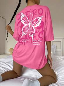 SHEIN Unity Butterfly & Slogan Graphic Drop Shoulder Tee ZERO BUG GAMES HAVE FUN RELAX ENJOY YOUR GAMING MOMENTS Graphic Tees Women Tops - Pink - View 6
