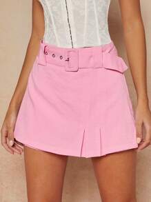 Hauture Belted Pleated Solid Casual Skort - Baby Pink - View 1