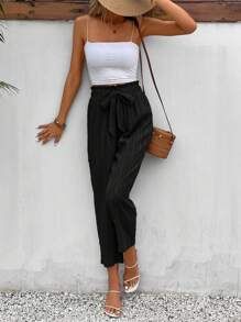 SHEIN Frenchy 紙袋腰前打結長褲 - 黑色 - 查看 1