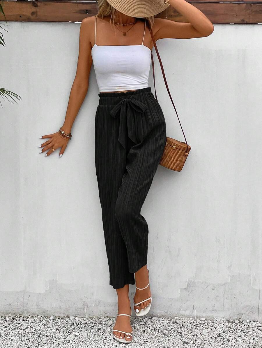 SHEIN Frenchy 紙袋腰前打結長褲 - 黑色 - 查看 1