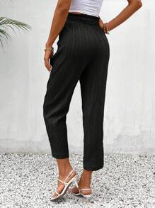 SHEIN Frenchy 紙袋腰前打結長褲 - 黑色 - 查看 2