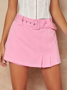 Hauture Belted Pleated Solid Casual Skort - Baby Pink - View 3