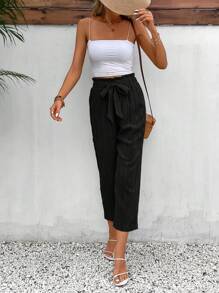 SHEIN Frenchy 紙袋腰前打結長褲 - 黑色 - 查看 3