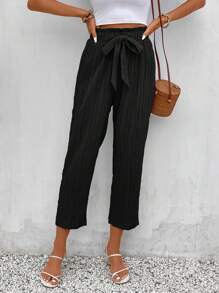 SHEIN Frenchy 紙袋腰前打結長褲 - 黑色 - 查看 4