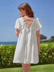 SHEIN Frenchy 素色前紐扣荷葉邊娃娃裙 - 白色 - 查看 2