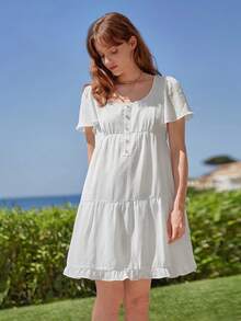 SHEIN Frenchy 素色前紐扣荷葉邊娃娃裙 - 白色 - 查看 6