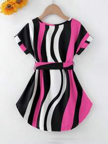 SHEIN Young Girl Colorblock Notched Neckline Belted Dress