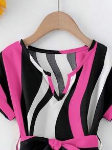 SHEIN Young Girl Colorblock Notched Neckline Belted Dress