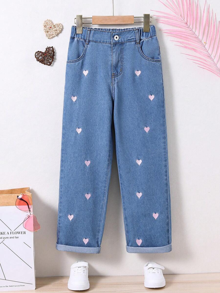 SHEIN Tween Girl Lovely Heart Printed Countryside Holiday Street Style Jeans Pants,Holiday,Summer,Travel - Dark Wash - View 1