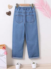 SHEIN Tween Girl Lovely Heart Printed Countryside Holiday Street Style Jeans Pants,Holiday,Summer,Travel - Dark Wash - View 2