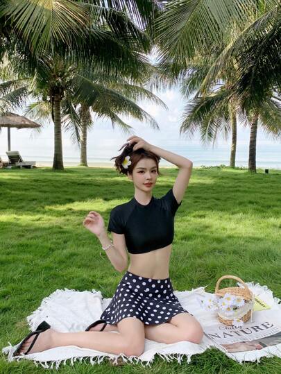 SHEIN Polka Dot Print Raglan Sleeve High Neck Bikini Set Summer Beach
