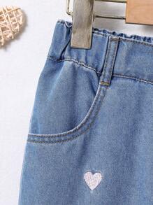 SHEIN Tween Girl Lovely Heart Printed Countryside Holiday Street Style Jeans Pants,Holiday,Summer,Travel - Dark Wash - View 3