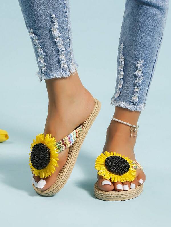 Frauen Blume Dekor, Flip Flops mit , Urlaub Sommer Leinen Hausschuhe mit