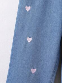 SHEIN Tween Girl Lovely Heart Printed Countryside Holiday Street Style Jeans Pants,Holiday,Summer,Travel - Dark Wash - View 4