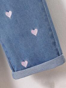 SHEIN Tween Girl Lovely Heart Printed Countryside Holiday Street Style Jeans Pants,Holiday,Summer,Travel - Dark Wash - View 5