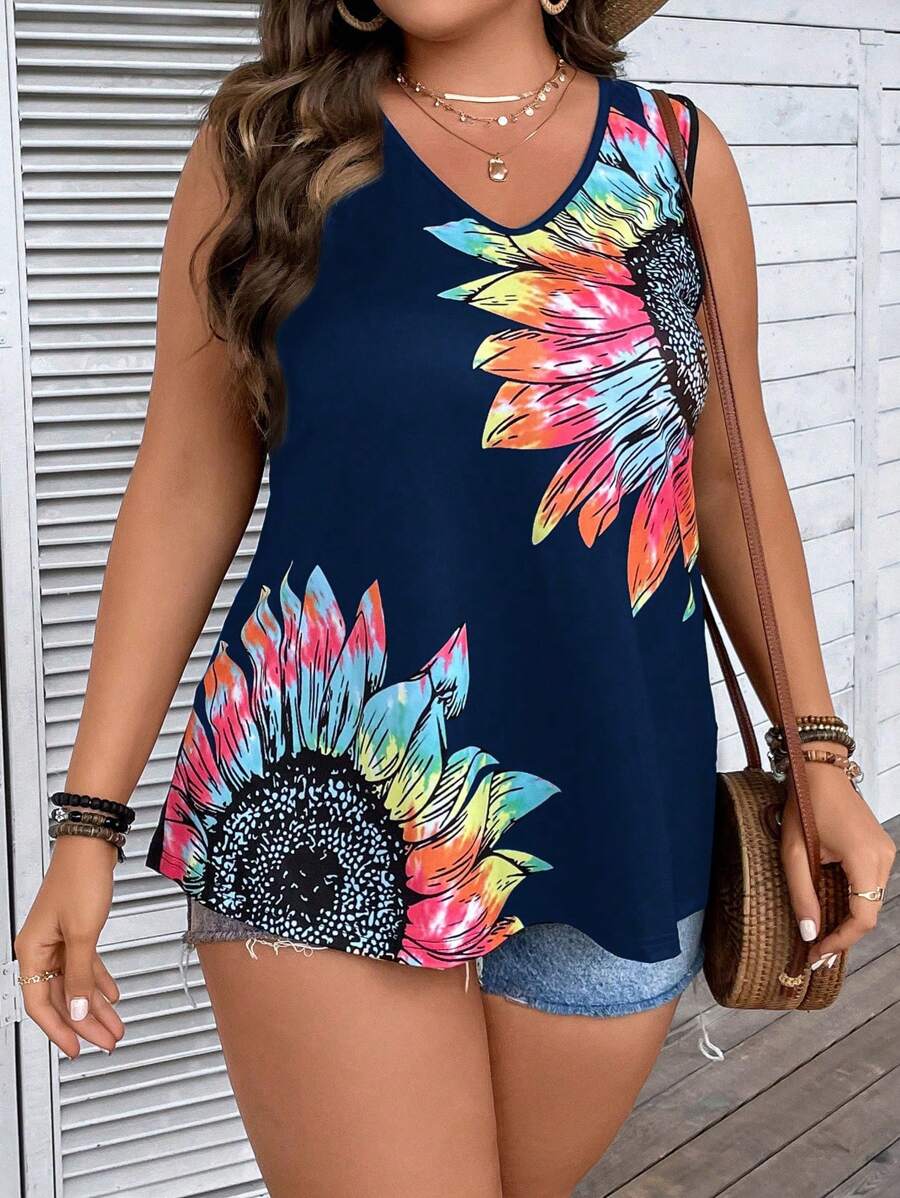 SHEIN LUNE 大碼向日葵圖案背心上衣 - 藏蓝色 - 查看 1