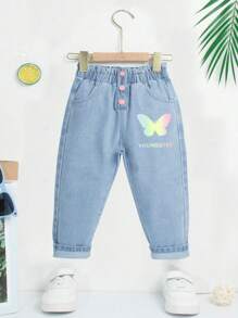 Baby Girl's Casual Butterfly & Letter Pattern Jeans - Light Wash - View 1