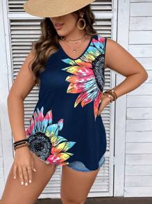 SHEIN LUNE 大碼向日葵圖案背心上衣 - 藏蓝色 - 查看 8