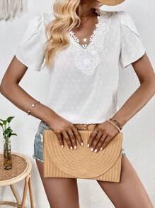 SHEIN Frenchy 圓點拼接水溶蕾絲花瓣袖襯衫 - 白色 - 查看 6