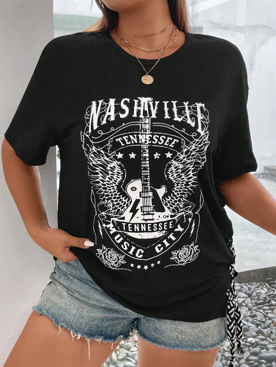 SHEIN Coolane Plus Guitar & Letter Graphic Drop Shoulder Lace Up Side Tee - Black - View 1
