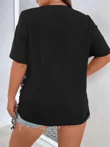 SHEIN Coolane Plus Guitar & Letter Graphic Drop Shoulder Lace Up Side Tee - Black - View 2