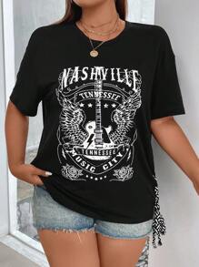 SHEIN Coolane Plus Guitar & Letter Graphic Drop Shoulder Lace Up Side Tee - Black - View 4