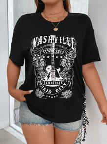 SHEIN Coolane Plus Guitar & Letter Graphic Drop Shoulder Lace Up Side Tee - Black - View 5