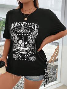 SHEIN Coolane Plus Guitar & Letter Graphic Drop Shoulder Lace Up Side Tee - Black - View 6